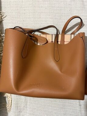 Burberry Cognac Leather Tote with Signature Check Trim